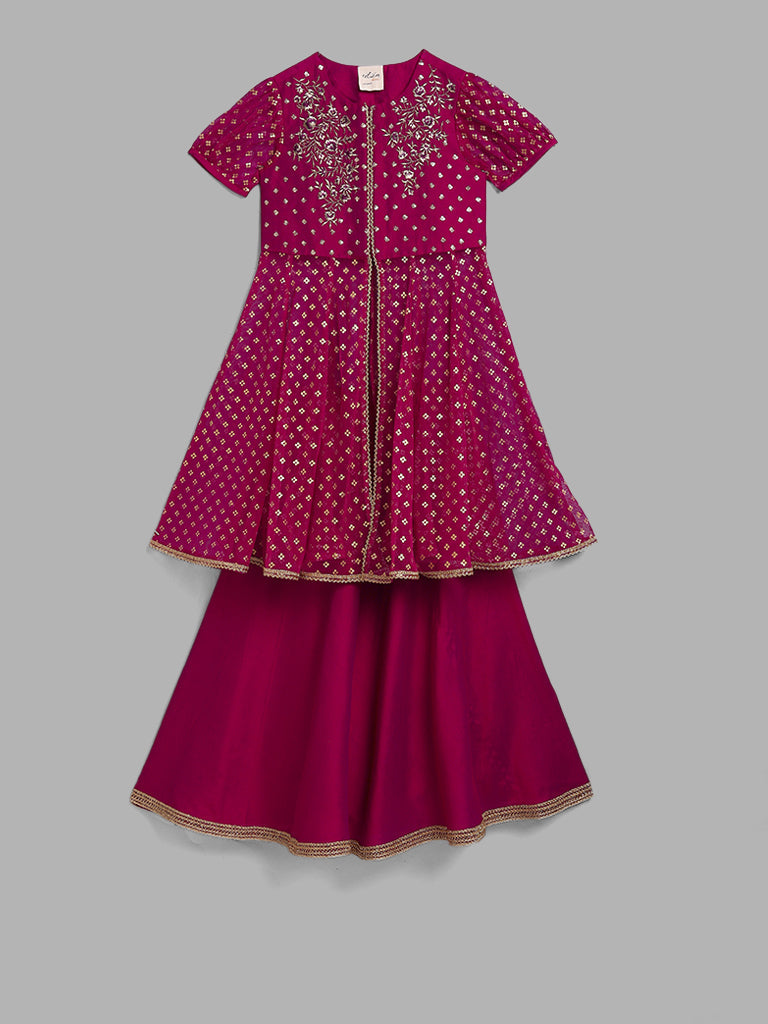 Utsa Kids Dark Pink Floral Embroidered Kurta with Skirt (2 - 8yrs)