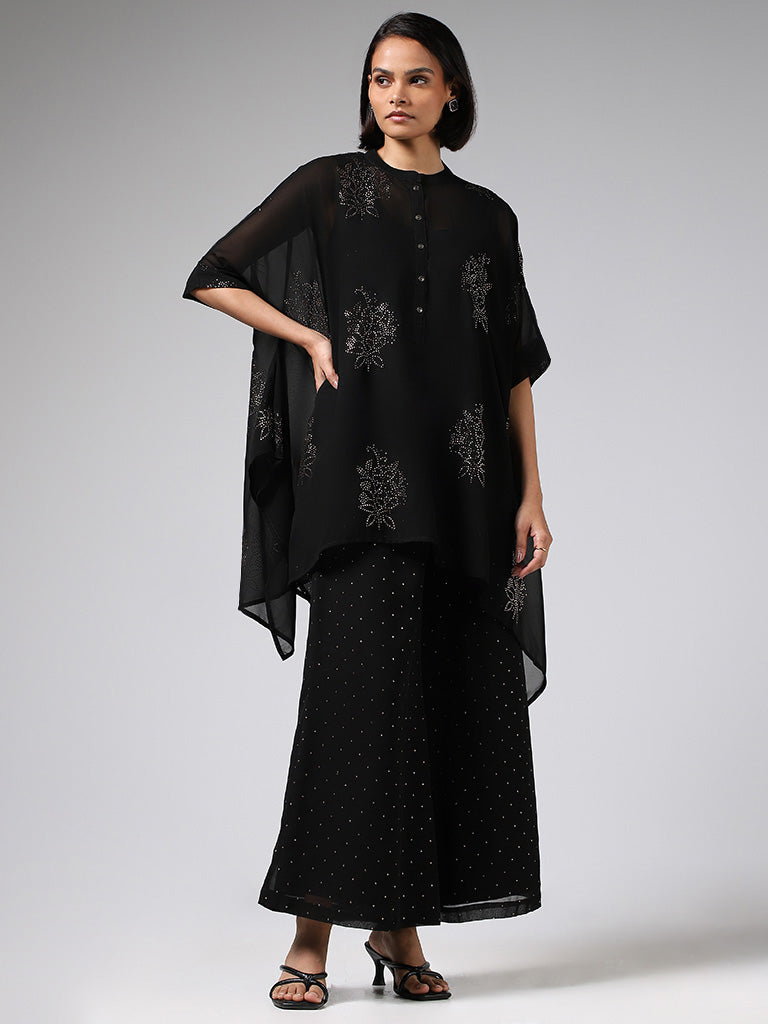 Vark Black Embellished Kaftan with Inner & Palazzos Set