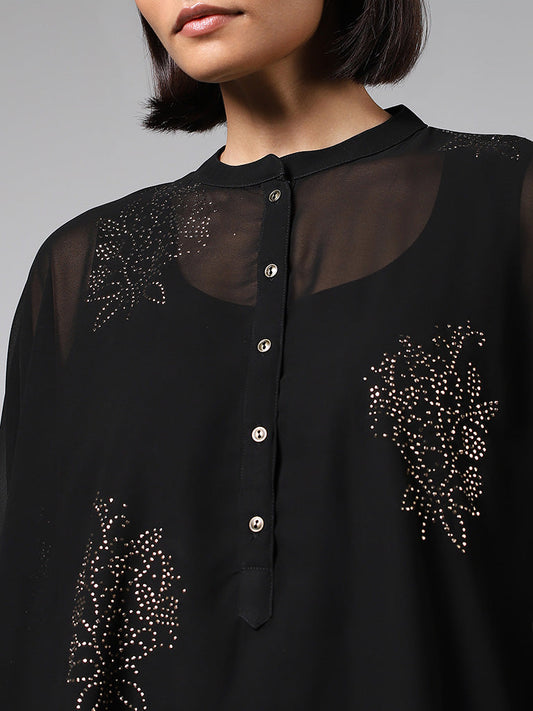 Vark Black Embellished Kaftan with Inner & Palazzos Set