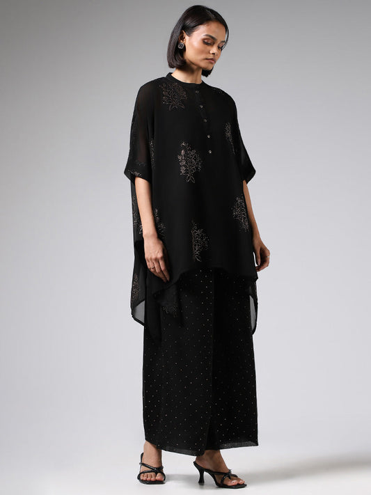 Vark Black Embellished Kaftan with Inner & Palazzos Set