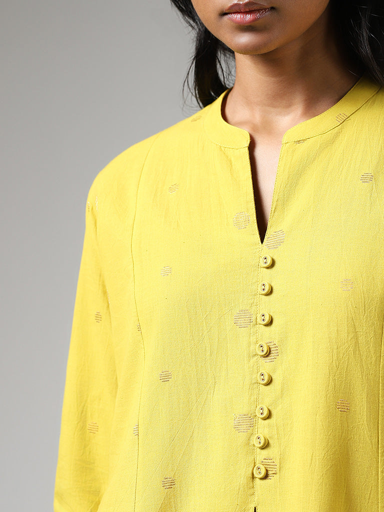 Utsa Lime Yellow Printed Box-Pleated Cotton Blend A-Line Kurta