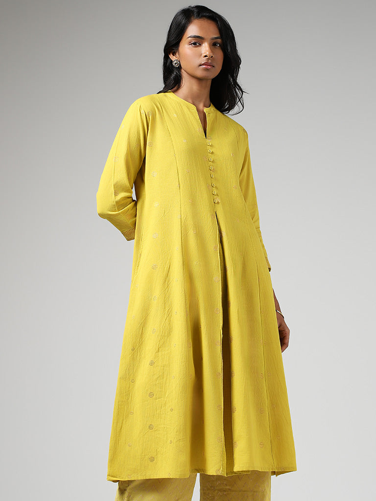 Utsa Lime Yellow Printed Box-Pleated Cotton Blend A-Line Kurta