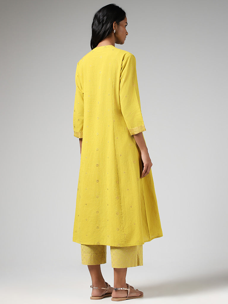 Utsa Lime Yellow Printed Box-Pleated Cotton Blend A-Line Kurta