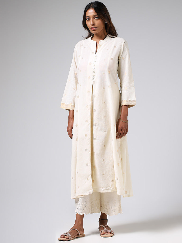 Utsa Off White Printed Box-Pleated Cotton Blend A-Line Kurta