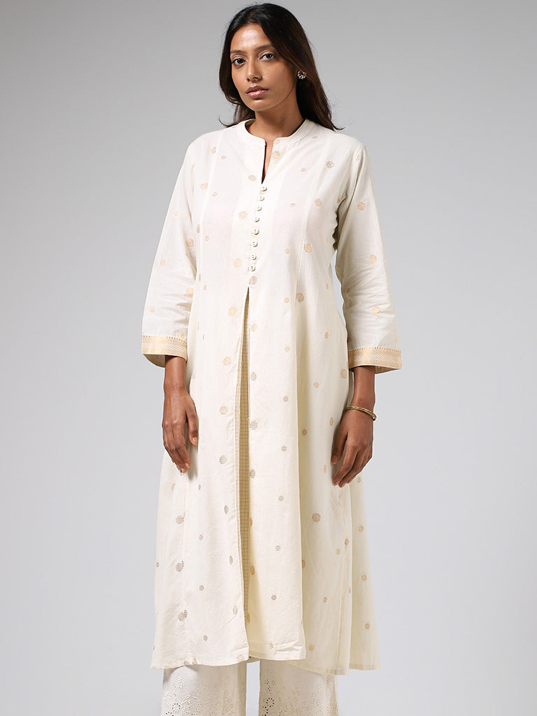 Utsa Off White Printed Box-Pleated Cotton Blend A-Line Kurta