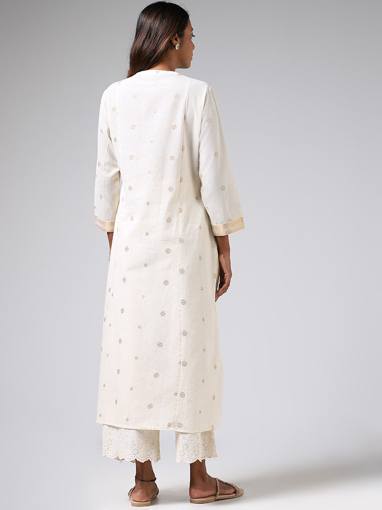 Utsa Off White Printed Box-Pleated Cotton Blend A-Line Kurta