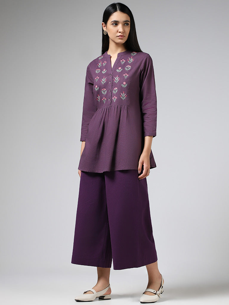 Utsa Dark Purple Floral Embroidered Pleated Cotton Kurti