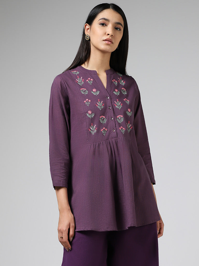 Utsa Dark Purple Floral Embroidered Pleated Cotton Kurti