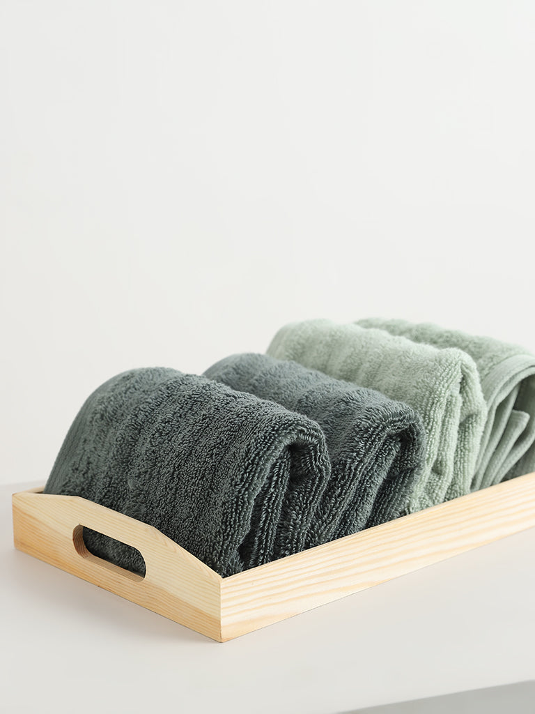 Westside Home Moss Green Self-Striped Face Towels (Set of 2)