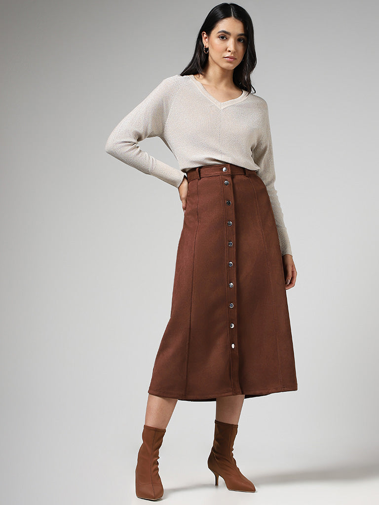 LOV Brown Buttoned Down Suede Midi Skirt