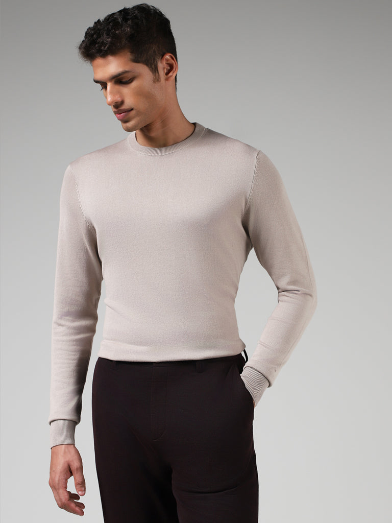 WES Formals Solid Beige Slim-Fit Sweater