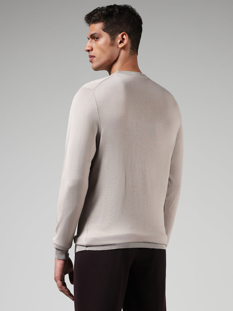 WES Formals Solid Beige Slim-Fit Sweater