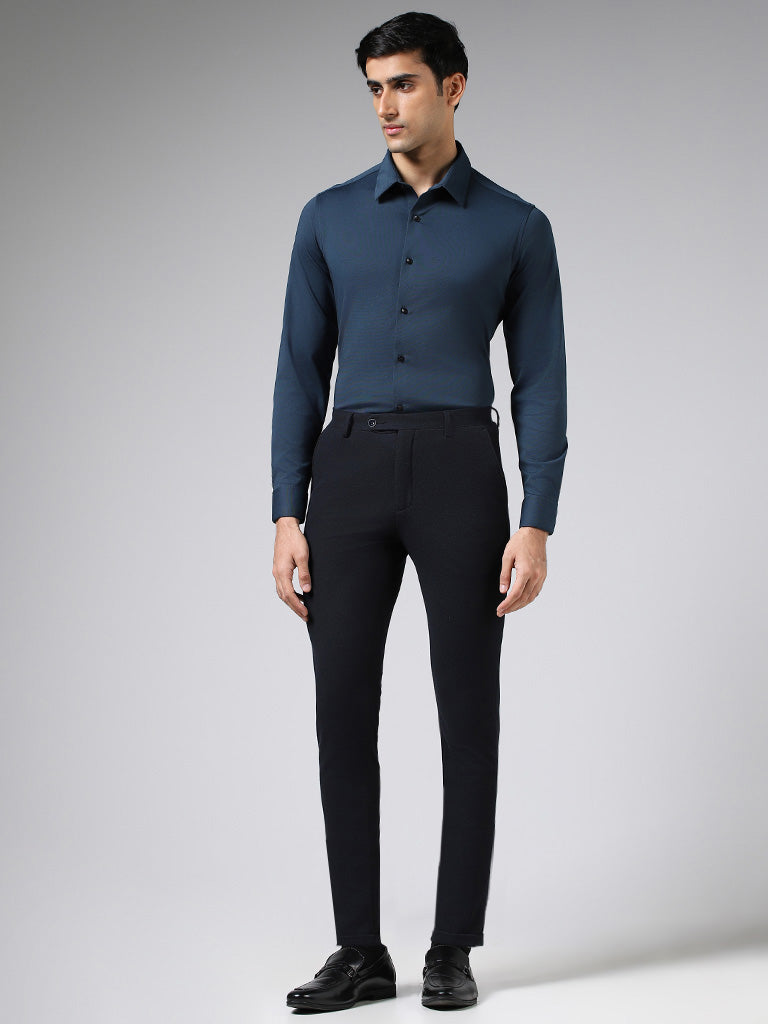 WES Formals Solid Dark Blue Slim-Fit Shirt