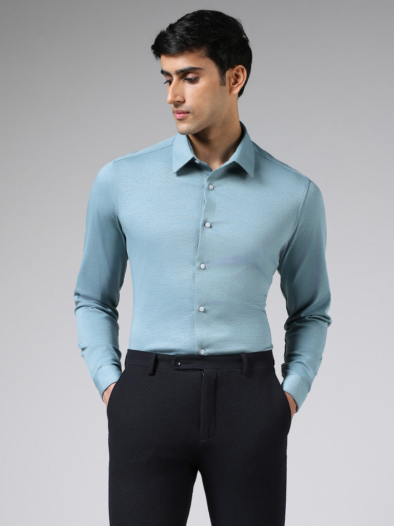 WES Formals Solid Light Blue Slim-Fit Shirt