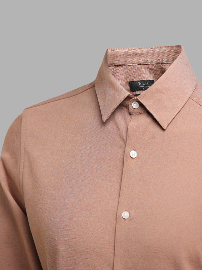 WES Formals Solid Tan Cotton Blend Shirt