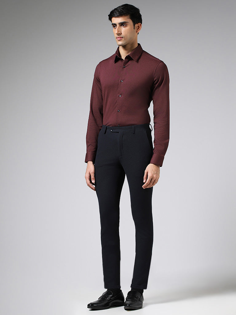 WES Formals Solid Wine Slim-Fit Shirt