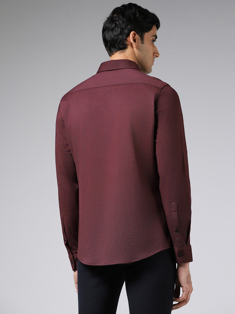 WES Formals Solid Wine Slim-Fit Shirt