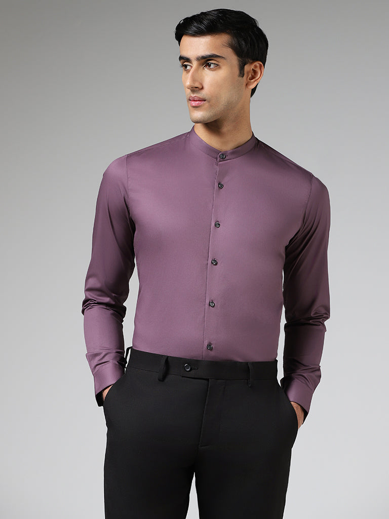 WES Formals Solid Grape Purple Cotton Blend Ultra-Slim Fit Shirt