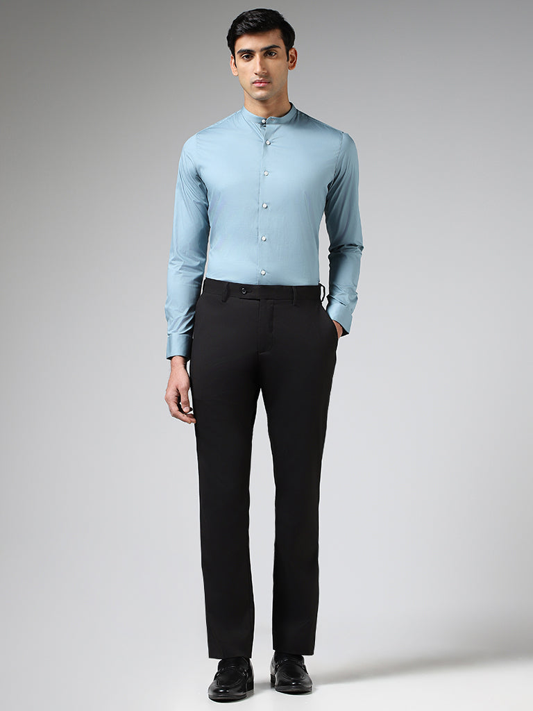 WES Formals Solid Light Blue Cotton Blend Ultra-Slim Fit Shirt