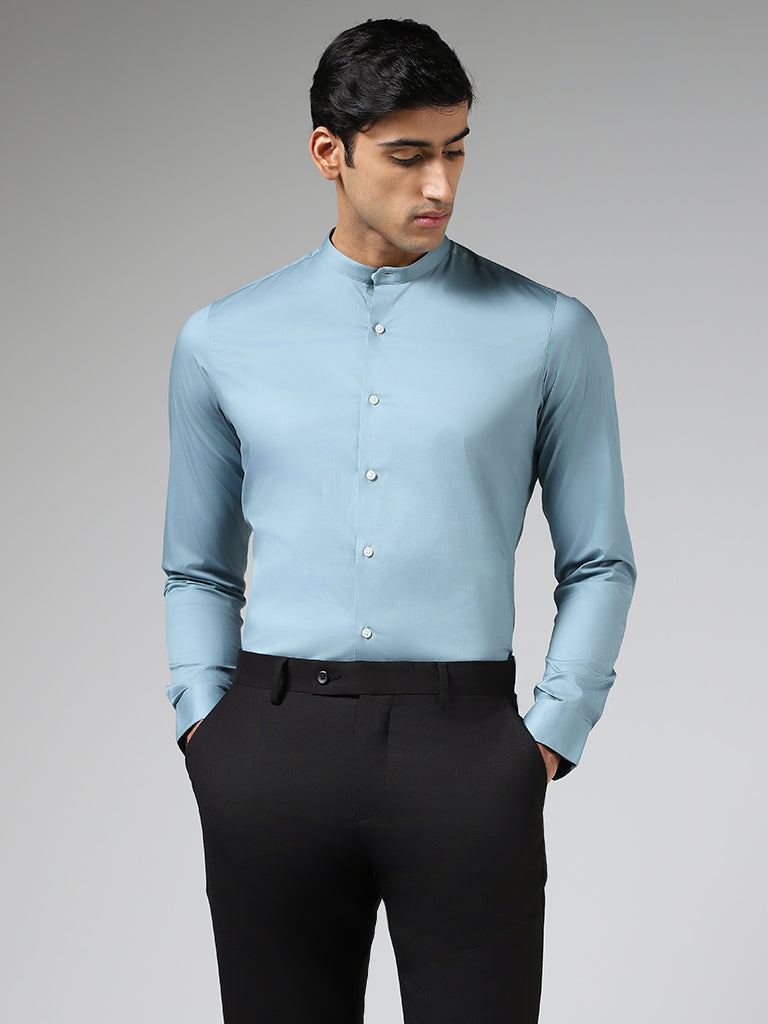 WES Formals Solid Light Blue Cotton Blend Ultra-Slim Fit Shirt