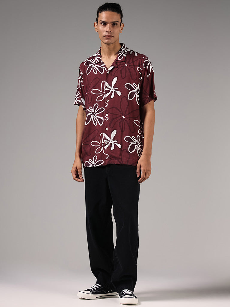 Nuon Wine Floral Printed Resort-Fit Shirt