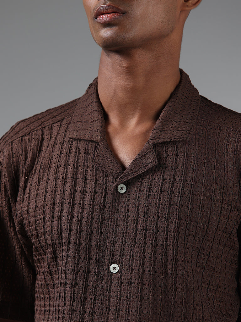 Nuon Chocolate Brown Self-Patterned Resort-Fit Shirt