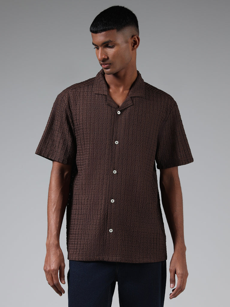 Nuon Chocolate Brown Self-Patterned Resort-Fit Shirt