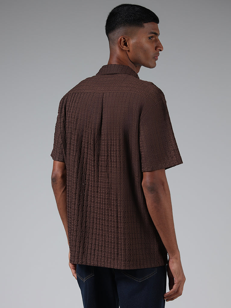 Nuon Chocolate Brown Self-Patterned Resort-Fit Shirt