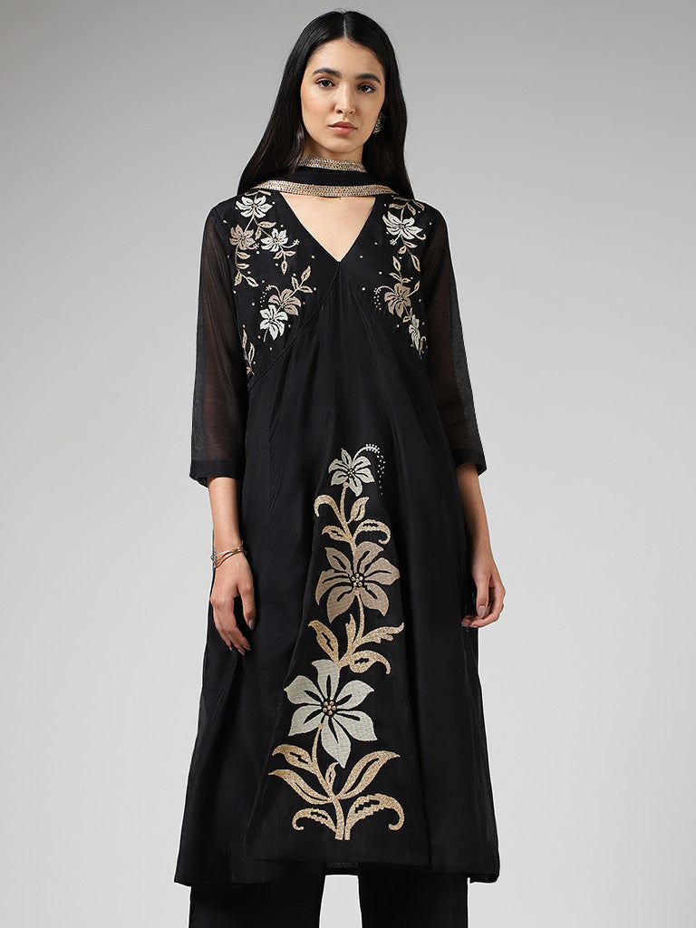 Vark Floral Embroidered Black Kurta with Palazzos & Dupatta