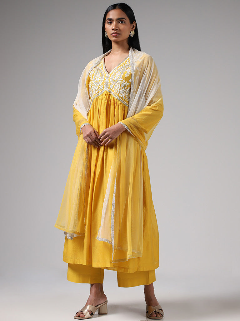 Vark Mustard Embroidered Kurta, Solid Palazzos, and Dupatta Set