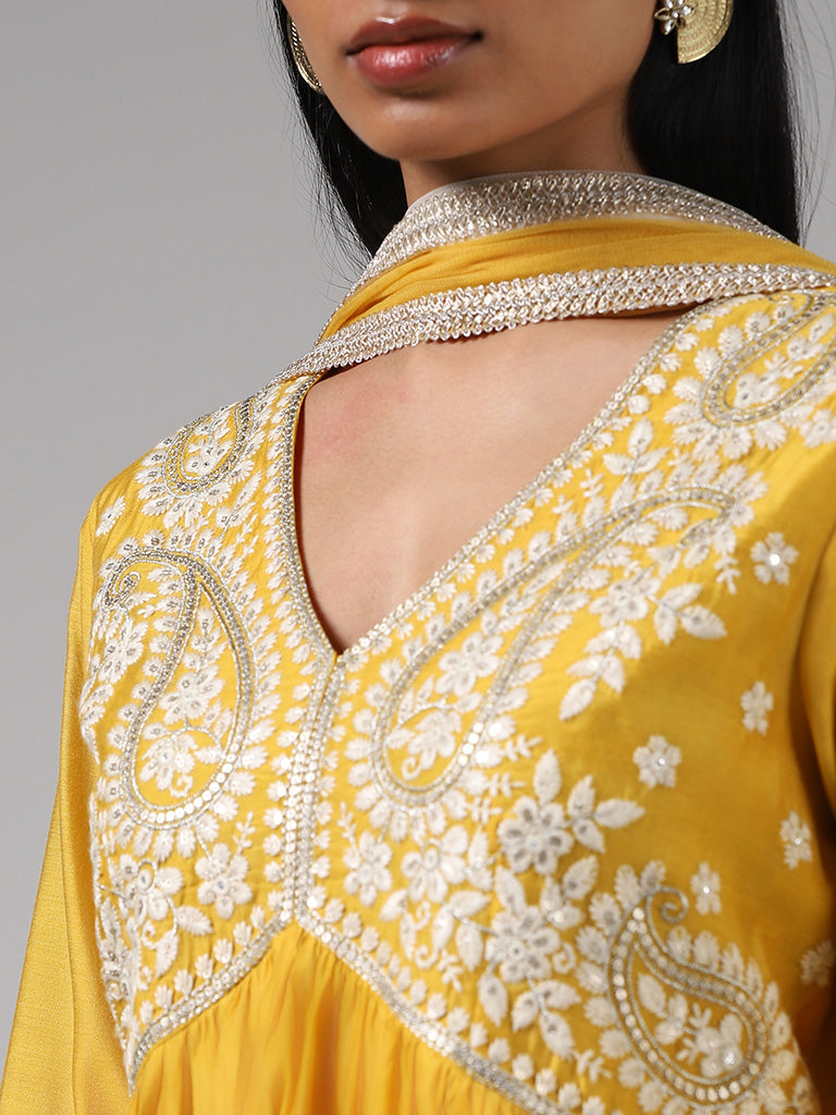 Vark Mustard Embroidered Kurta, Solid Palazzos, and Dupatta Set