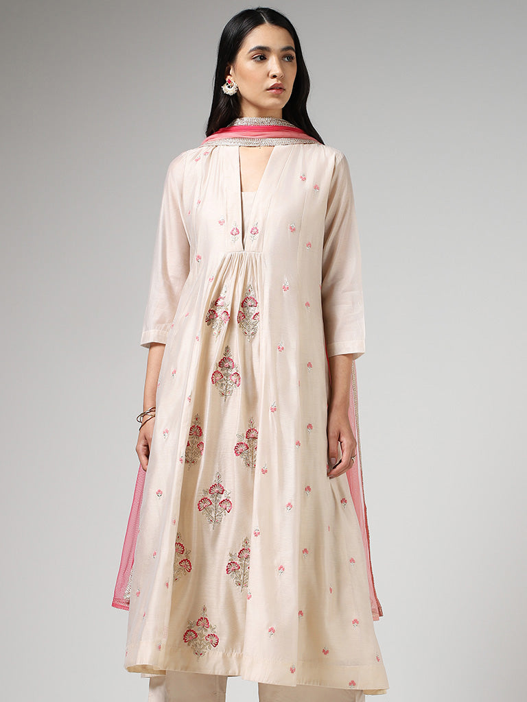 Vark Embroidered Light Beige Kurta with Palazzos & Dupatta