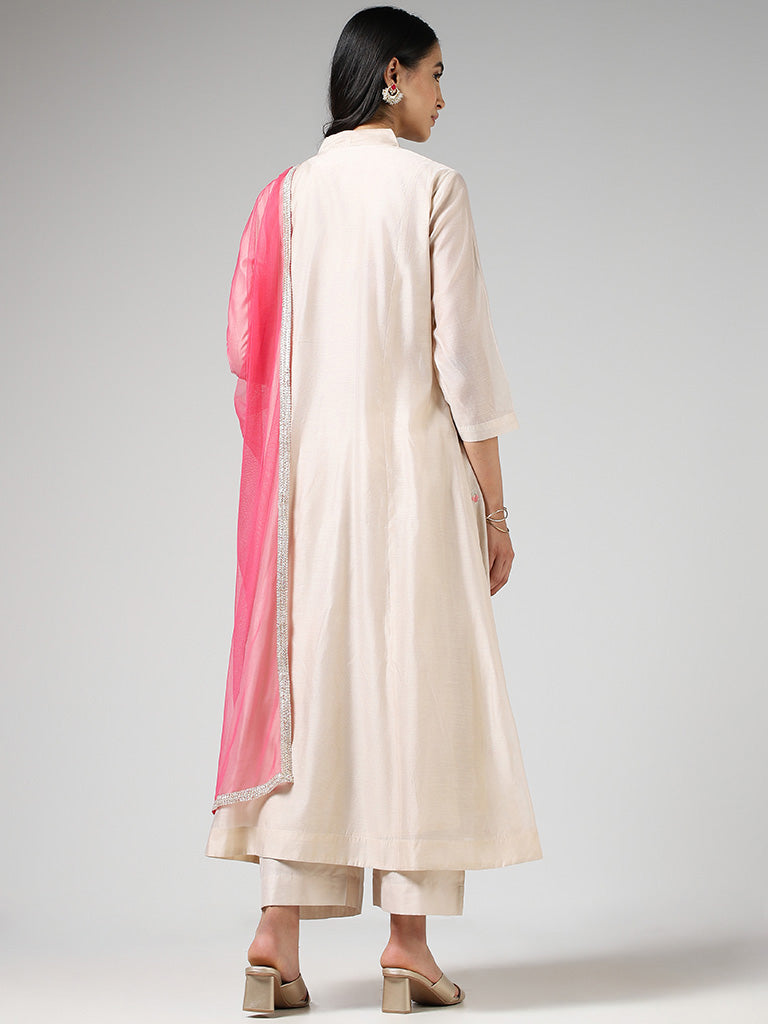 Vark Embroidered Light Beige Kurta with Palazzos & Dupatta