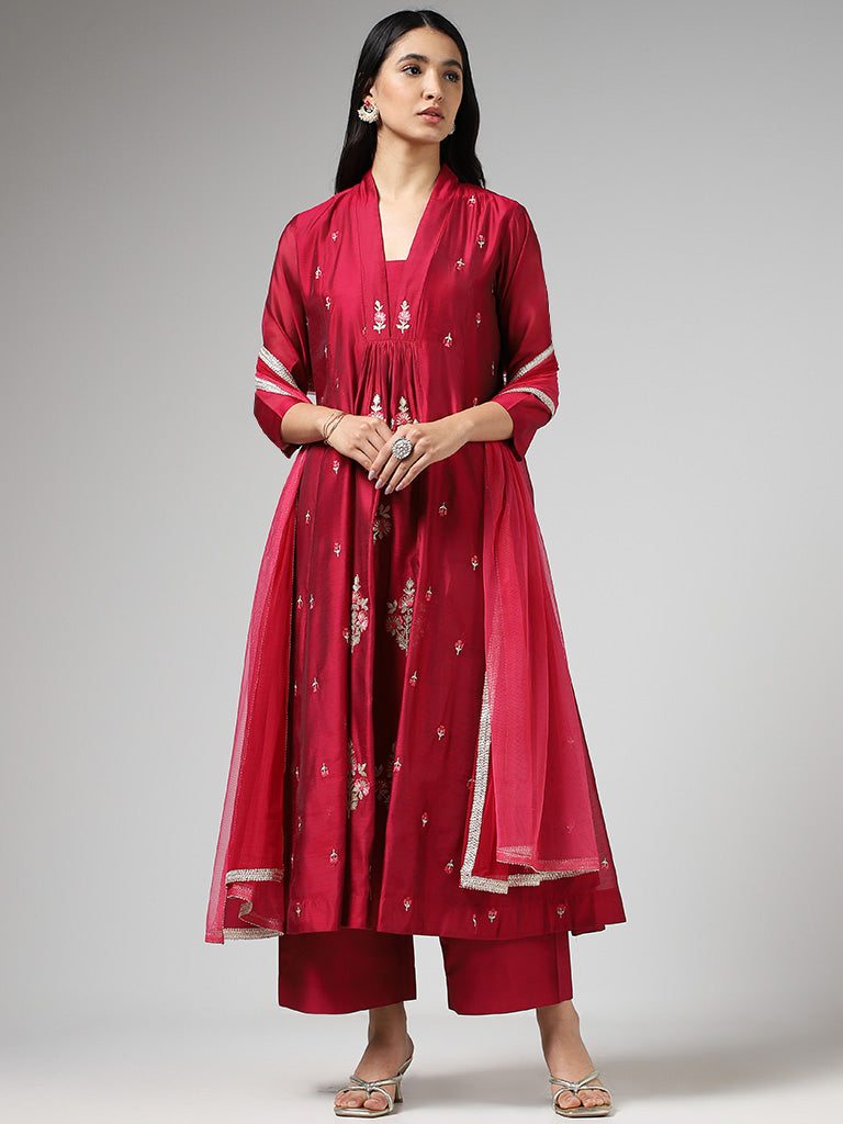 Vark Floral Embroidered Wine Gathered Kurta with Palazzos & Dupatta