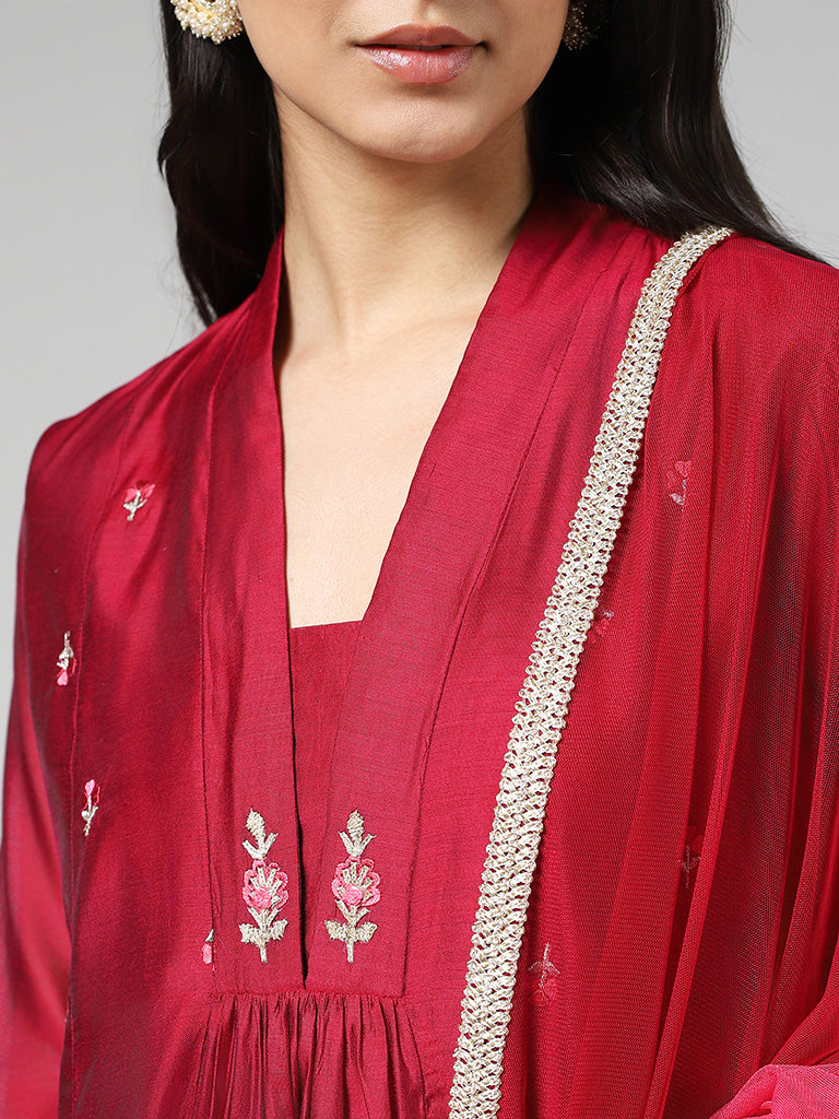 Vark Floral Embroidered Wine Gathered Kurta with Palazzos & Dupatta