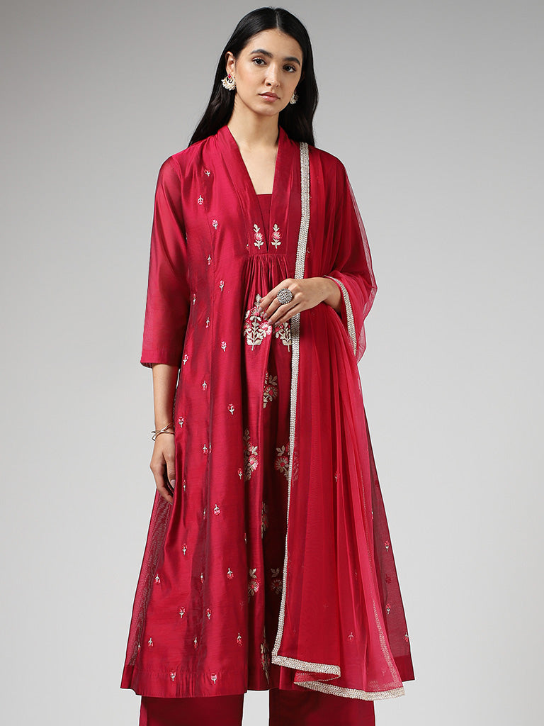 Vark Floral Embroidered Wine Gathered Kurta with Palazzos & Dupatta