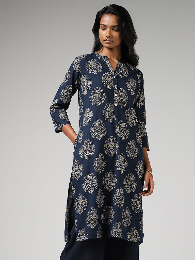 Utsa Navy Bandhni Buta Printed Straight Kurta