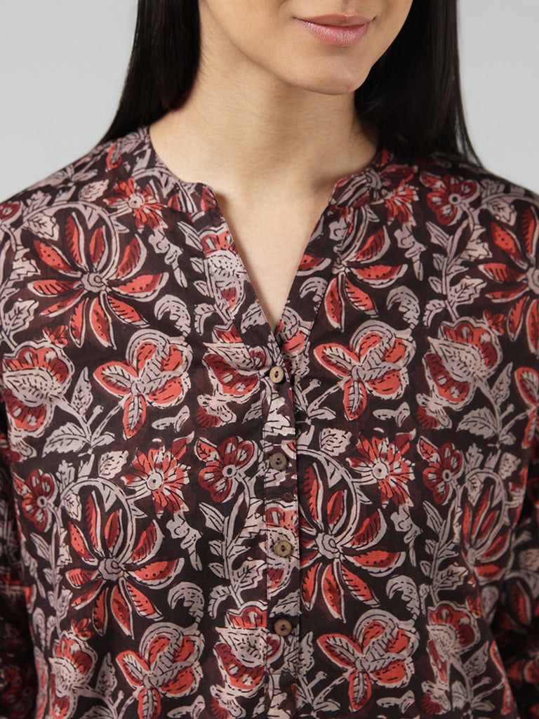 Utsa Brown Block Printed Cotton Kurta