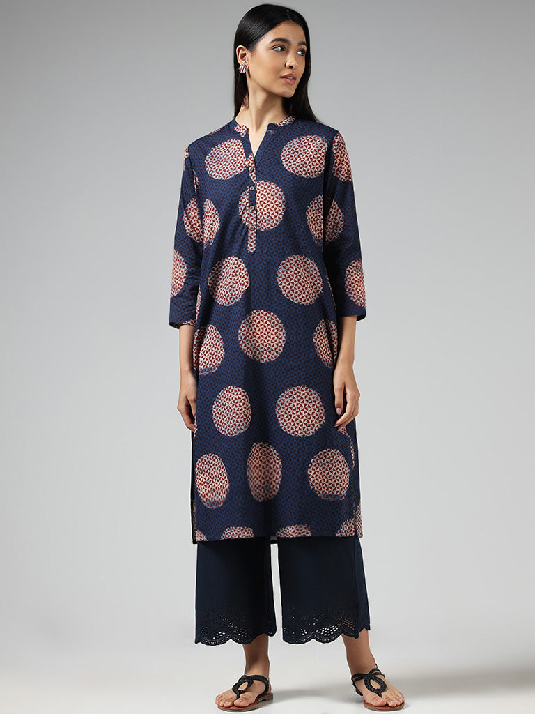 Utsa Indigo Geometric Polka Printed Cotton Kurta