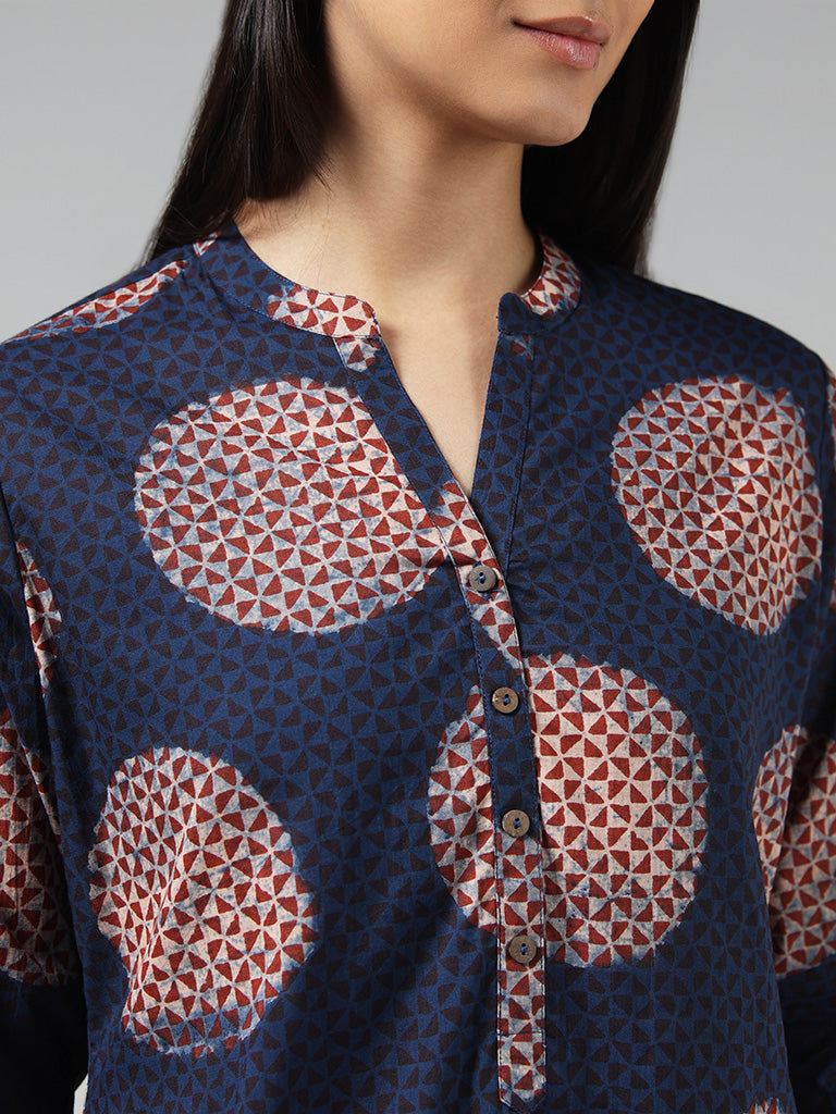 Utsa Indigo Geometric Polka Printed Cotton Kurta