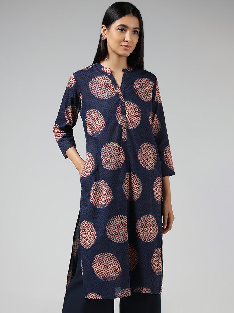 Utsa Indigo Geometric Polka Printed Cotton Kurta