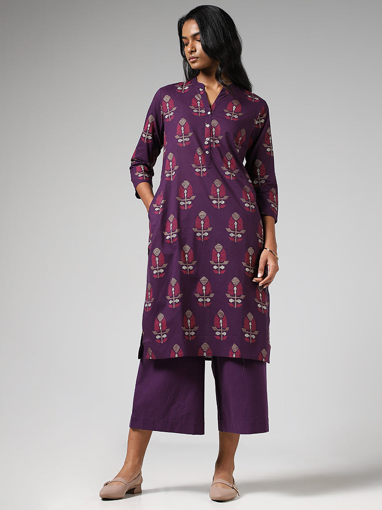 Utsa Dark Purple Jamdani Buta Printed Straight Kurta