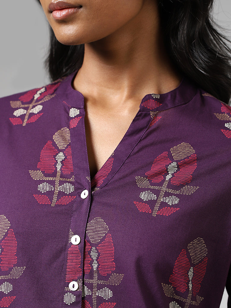 Utsa Dark Purple Jamdani Buta Printed Straight Kurta