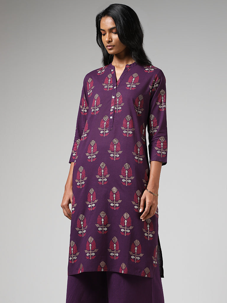 Utsa Dark Purple Jamdani Buta Printed Straight Kurta