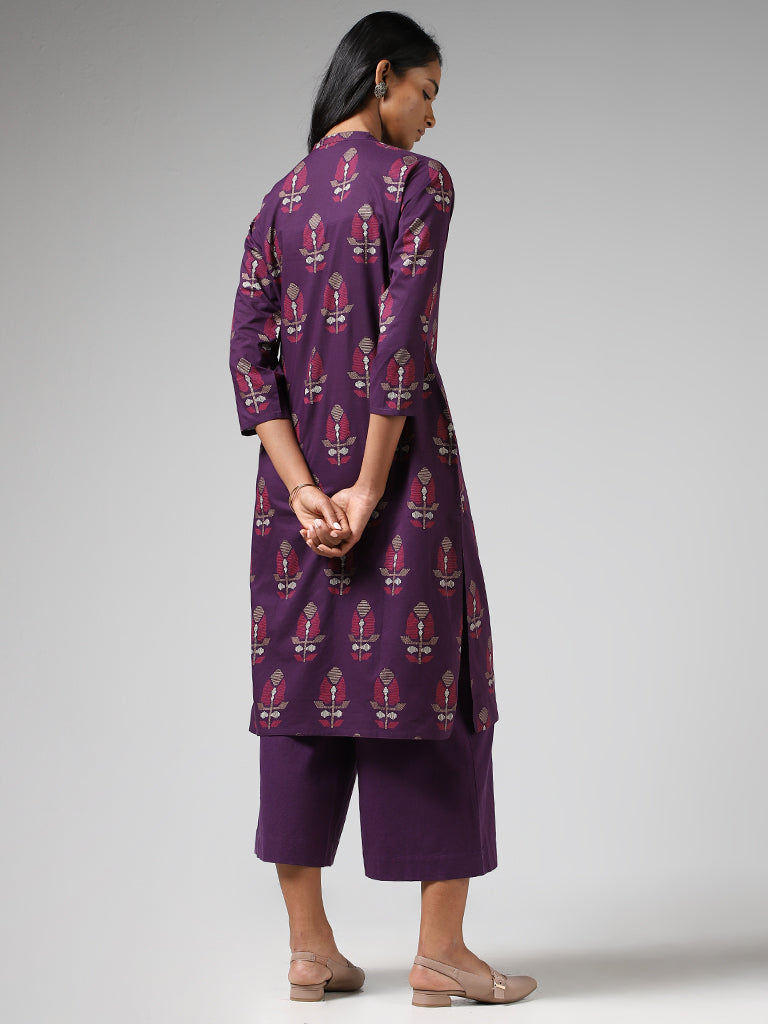 Utsa Dark Purple Jamdani Buta Printed Straight Kurta