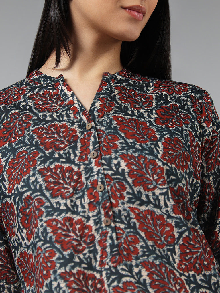 Utsa Red Leaf Printed Cotton Kurta