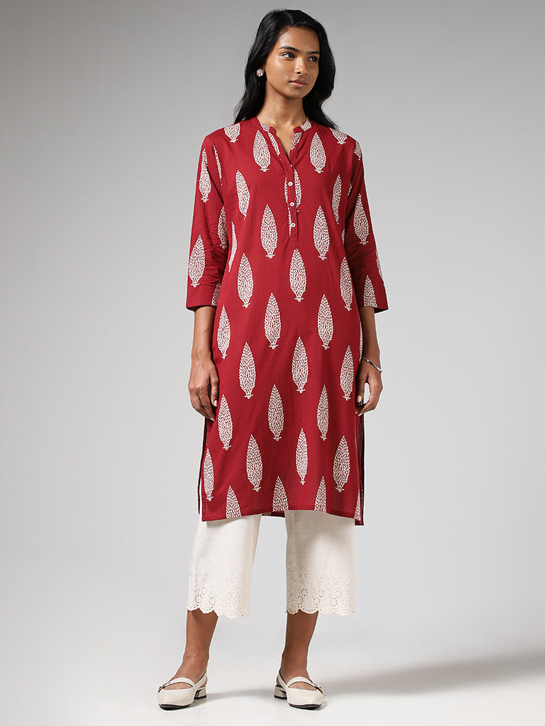 Utsa Maroon Buta Printed Straight Kurta