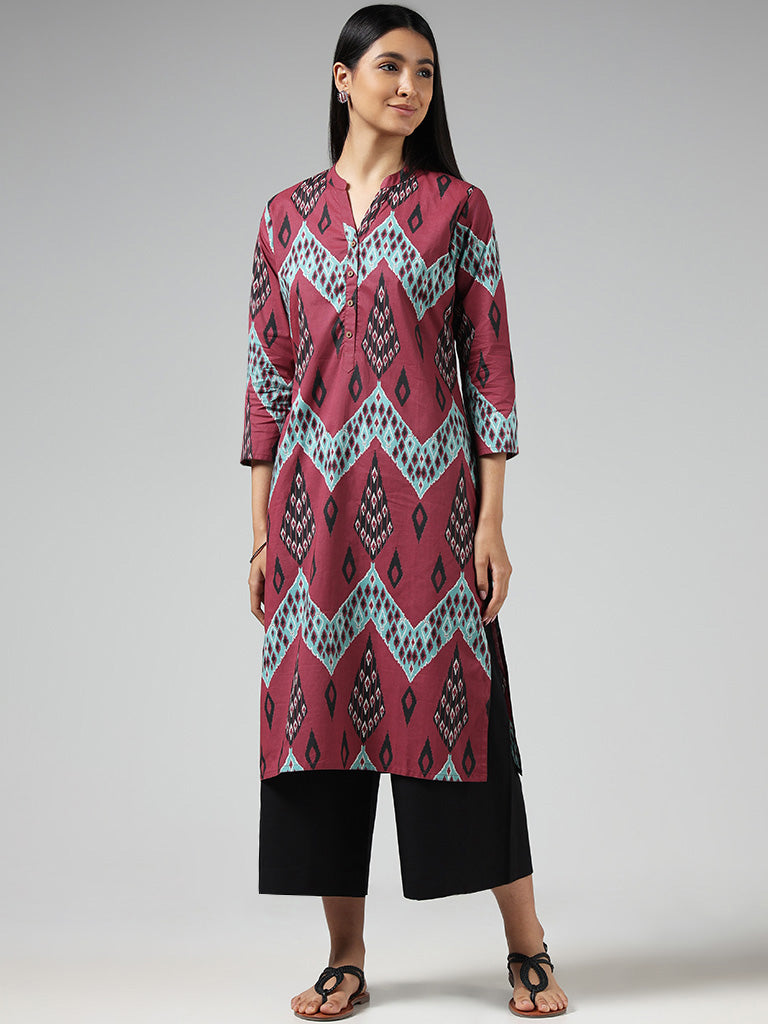 Utsa Pink Ikat Printed Cotton Kurta