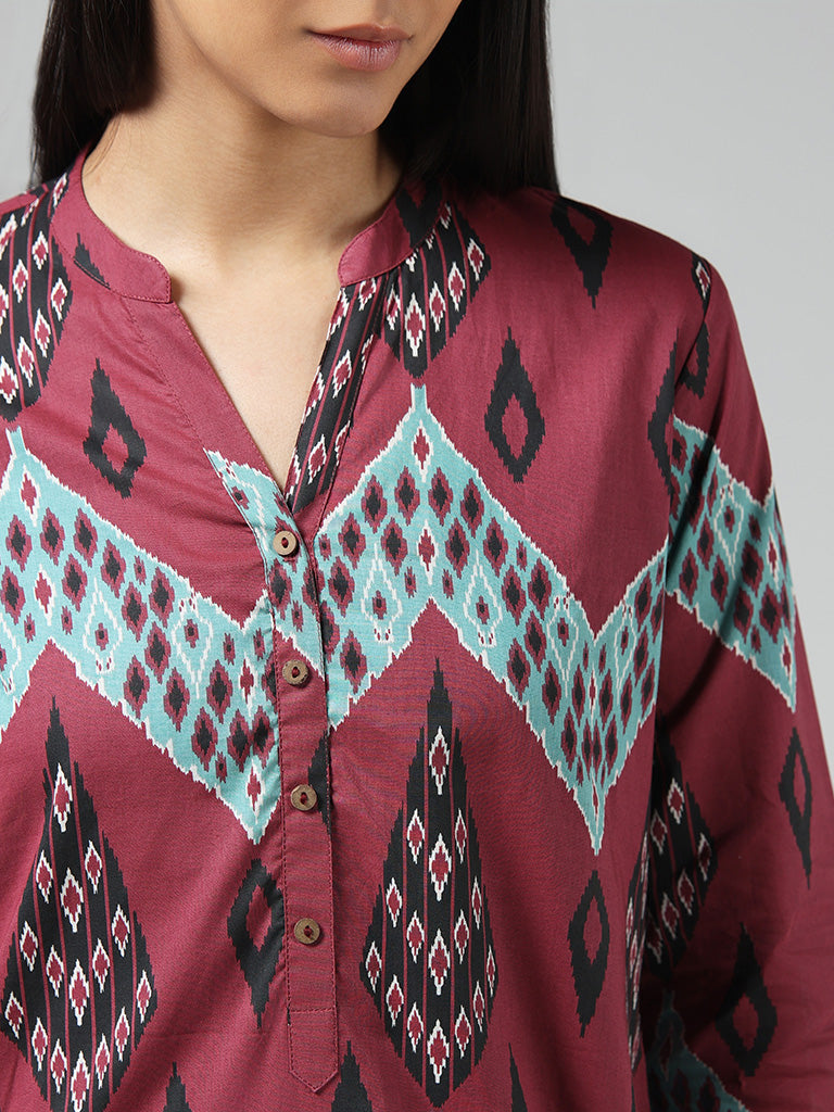 Utsa Pink Ikat Printed Cotton Kurta