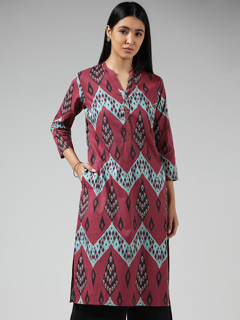 Utsa Pink Ikat Printed Cotton Kurta